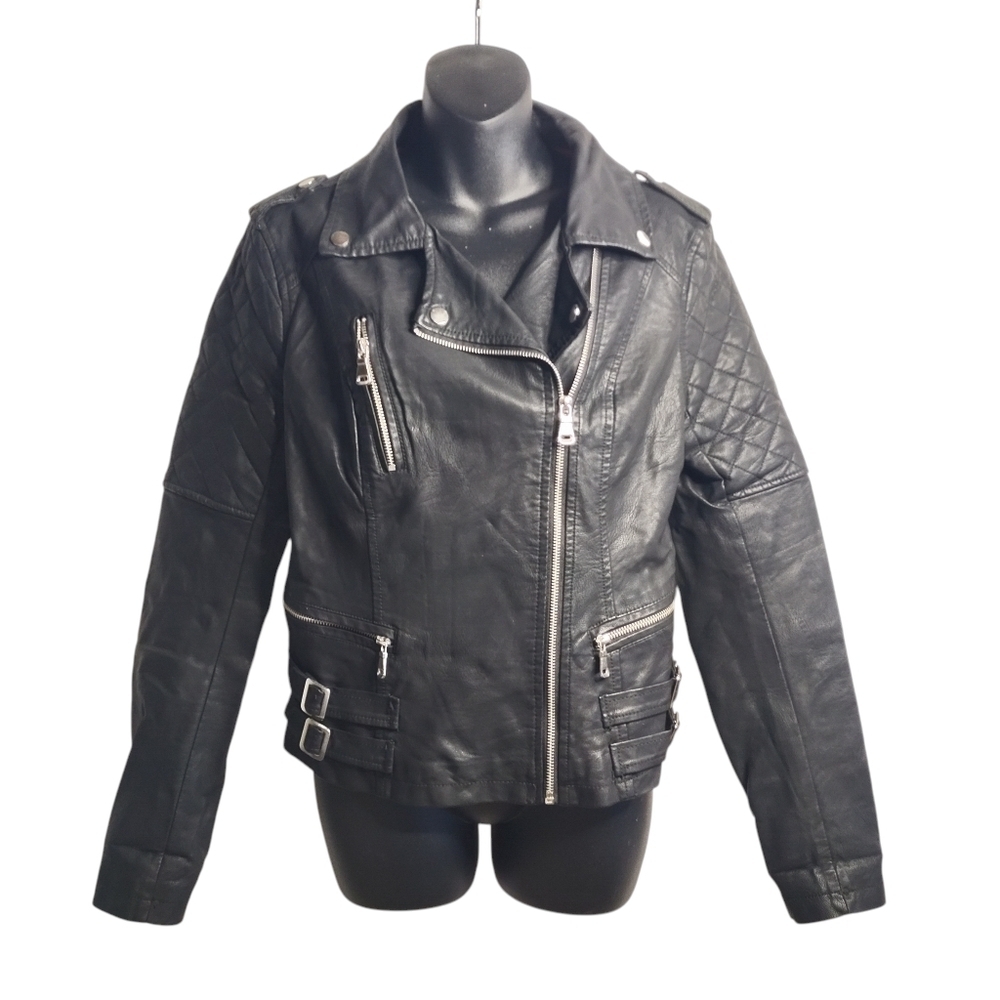 Ci Sono By Cavalini Vegan Leather Moto Jacket WOMEN'S Black ZIP Up Size Large